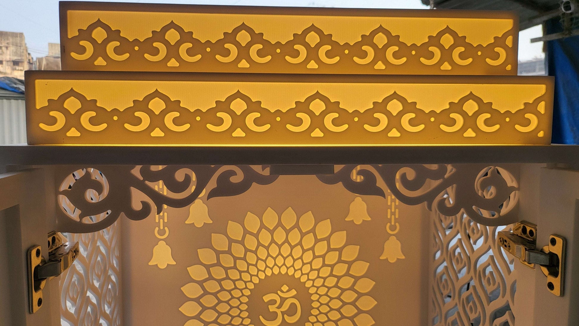 White corian Home Temple with doors corian mandir mumbai