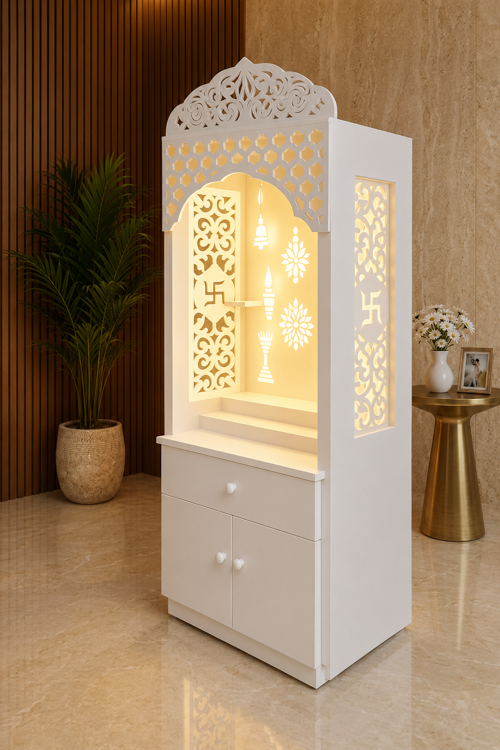 Warm backlit Corian mandir with Swastik jali panels, drawer and double-door storage