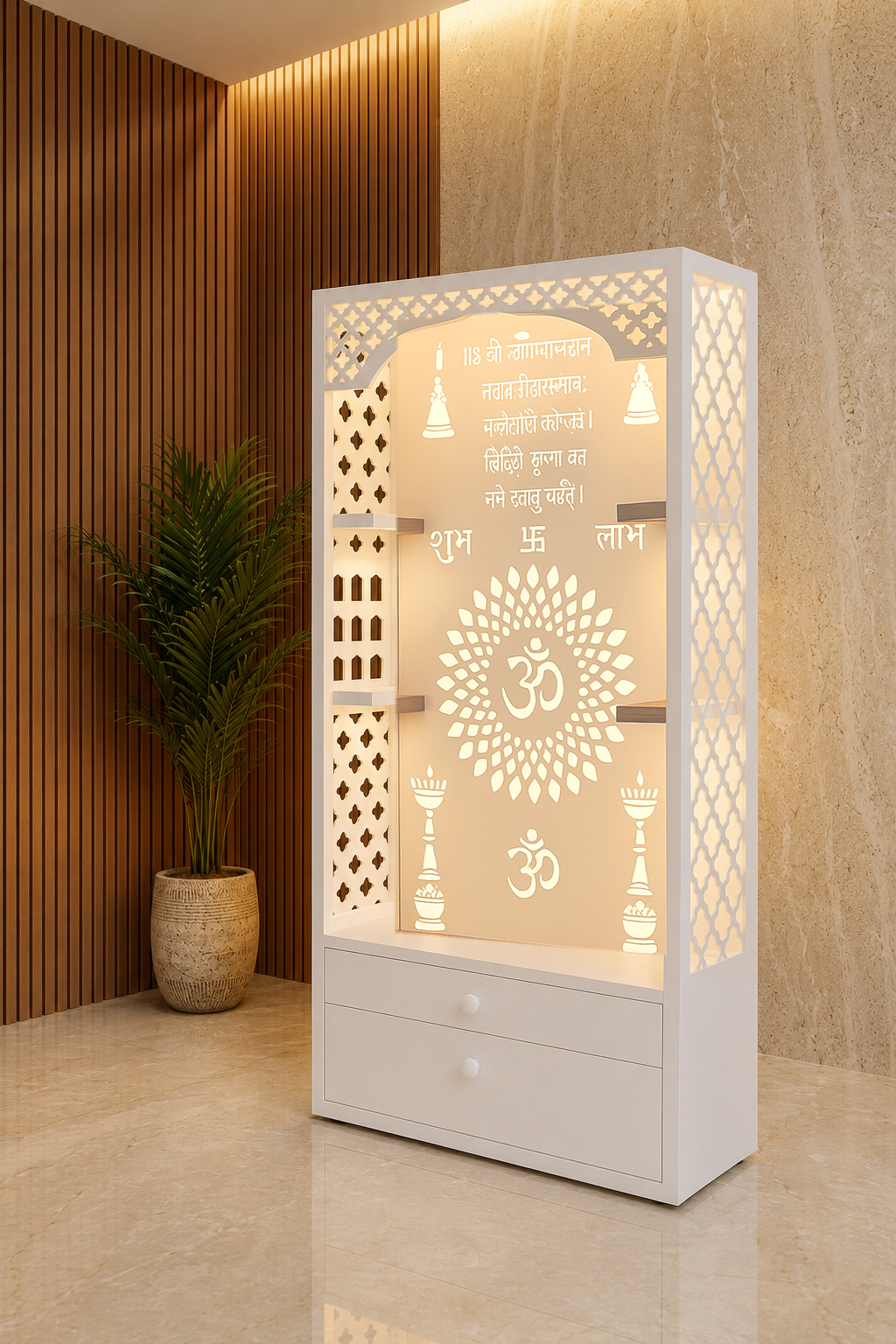 Angled view of a backlit white Corian mandir with side jali, floating shelves and two drawers