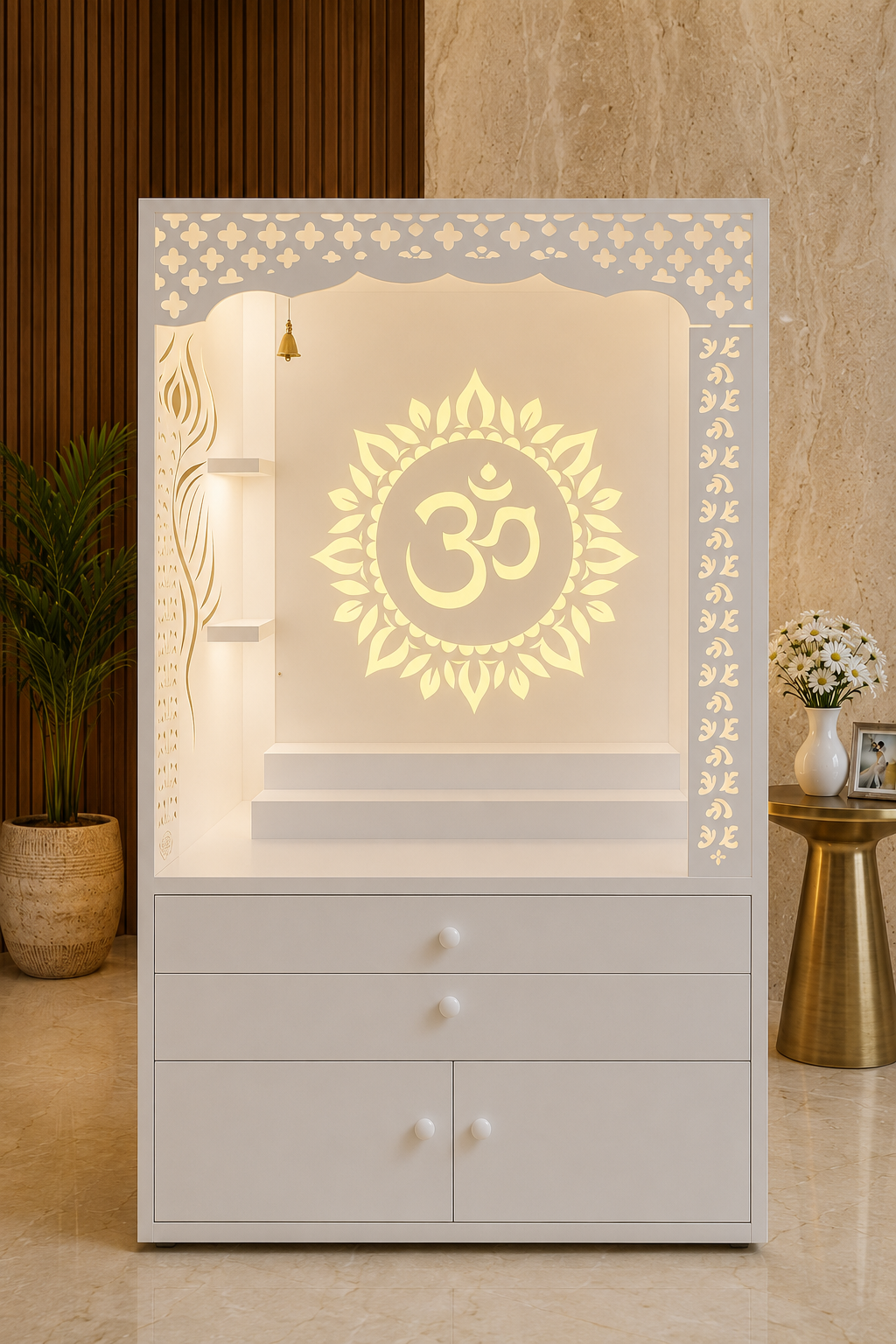 Fully white backlit Corian mandir with Om sunburst panel, side shelves and round Corian knobs
