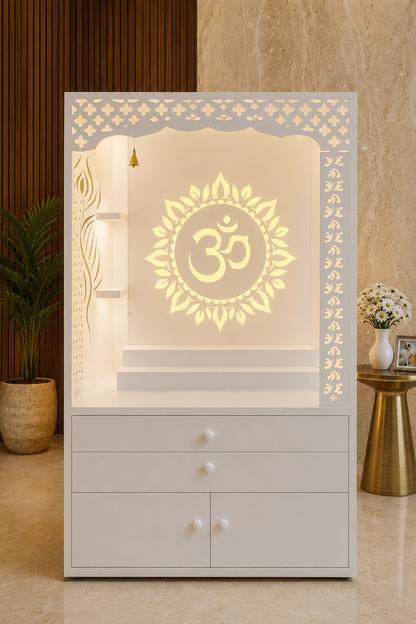 Fully white backlit Corian mandir with Om sunburst panel, side shelves and round Corian knobs