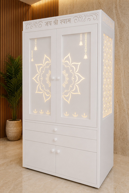 Angled fully white Corian mandir with closed lotus doors and illuminated side jhaali
