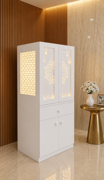 White Corian mandir with illuminated side jali, closed lotus doors and built-in storage