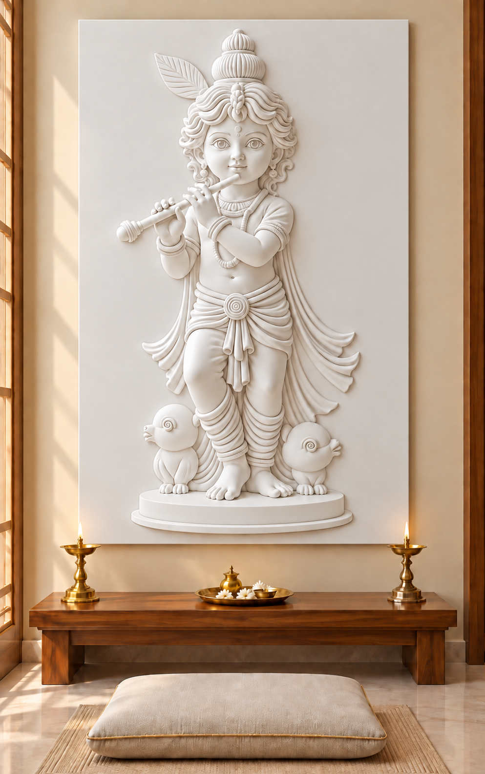 Bal Krishna Bird Duet Corian wall panel, front view in a Mumbai pooja room; AI-assisted concept visualisation