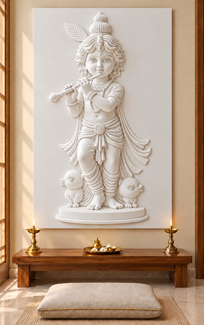 Bal Krishna Bird Duet Corian wall panel, front view in a Mumbai pooja room; AI-assisted concept visualisation