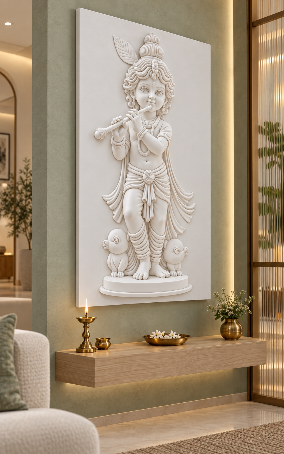 Bal Krishna Bird Duet Corian wall panel, left view in a Mumbai family living room prayer niche; AI-assisted concept visualisation