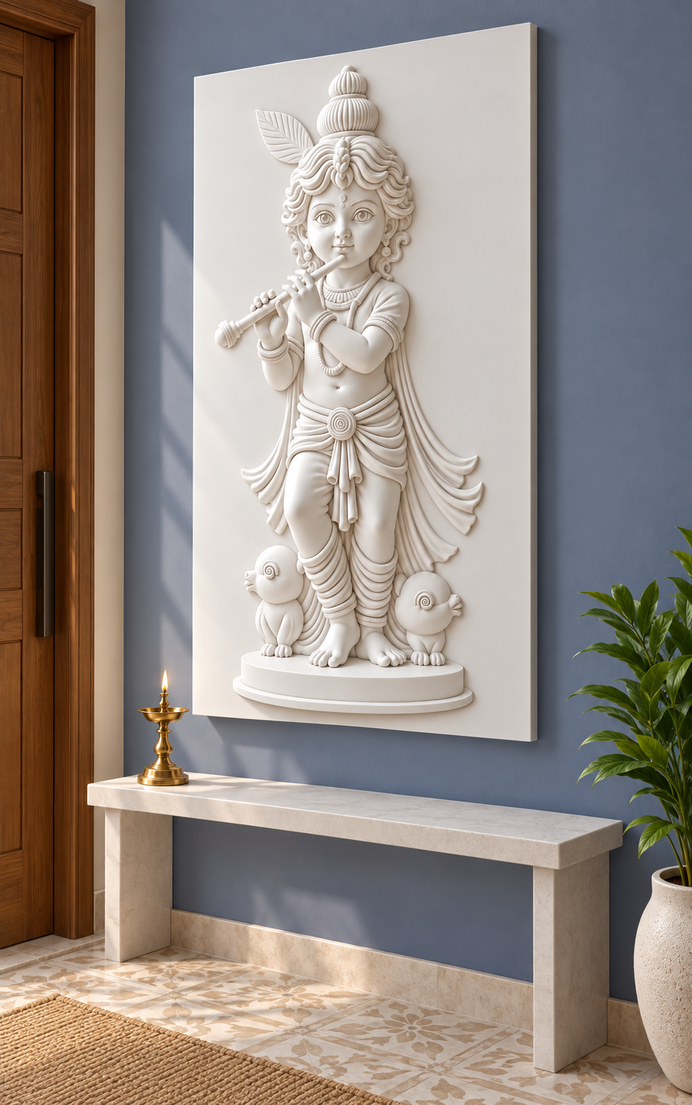 Bal Krishna Bird Duet Corian wall panel, right view in a Mumbai entrance devotional alcove; AI-assisted concept visualisation