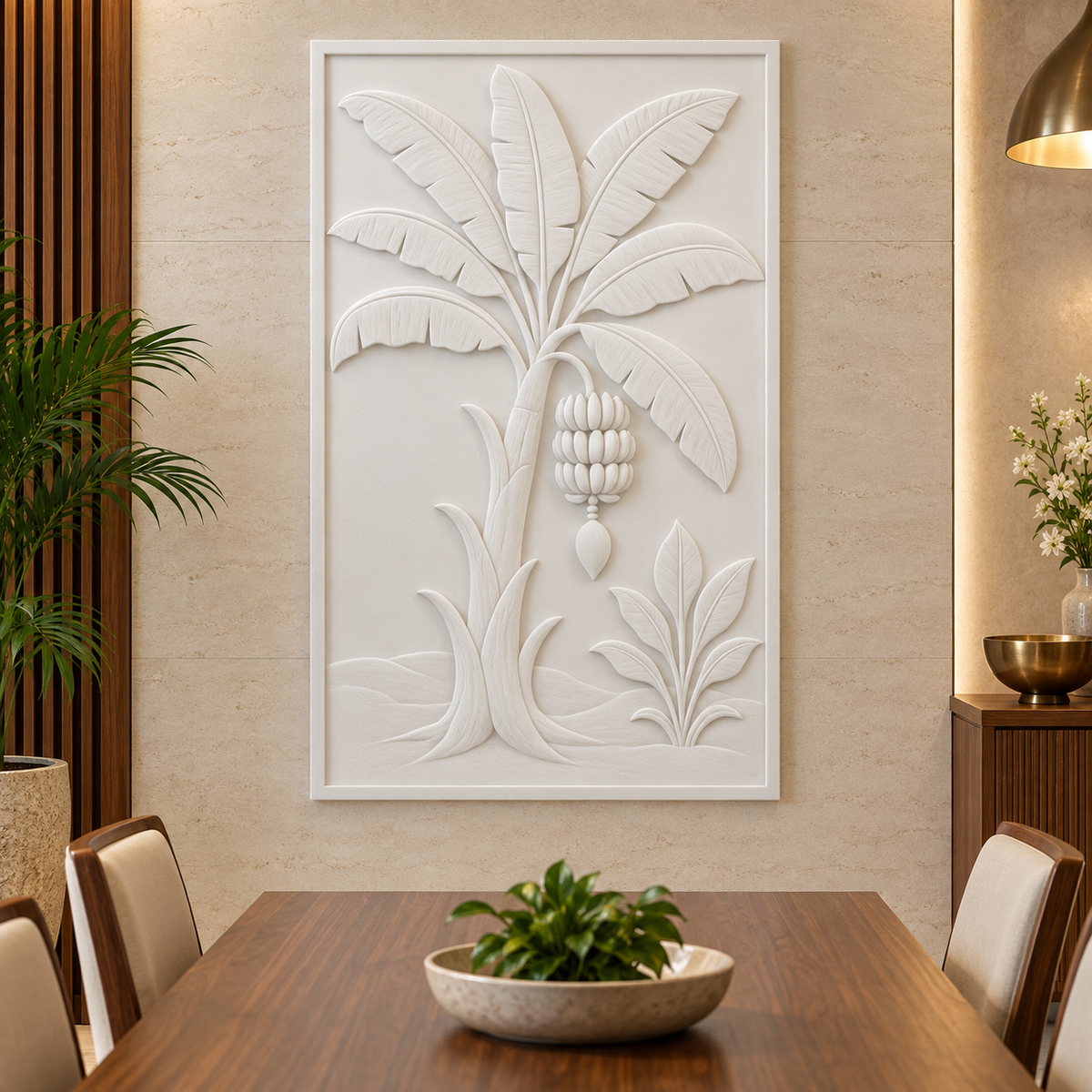 Banana Grove Bunch Corian wall panel, front view in a Mumbai dining room feature wall; AI-assisted concept visualisation