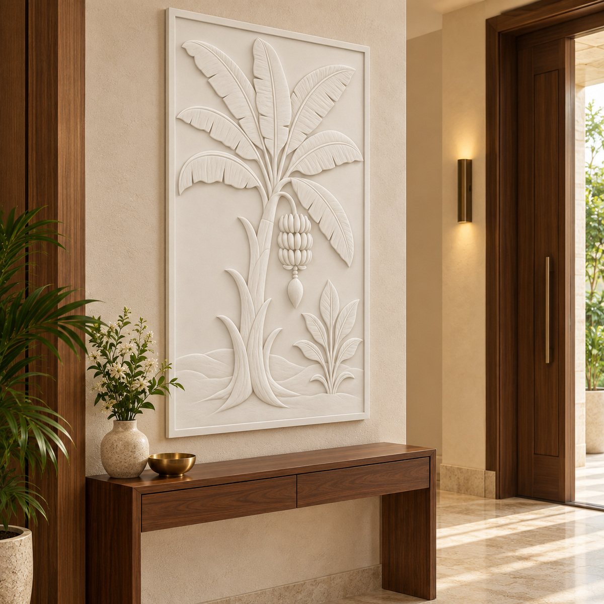 Banana Grove Bunch Corian wall panel, left view in a Mumbai entrance gallery; AI-assisted concept visualisation