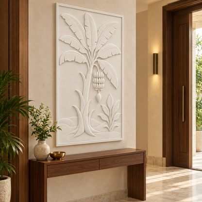 Banana Grove Bunch Corian wall panel, left view in a Mumbai entrance gallery; AI-assisted concept visualisation