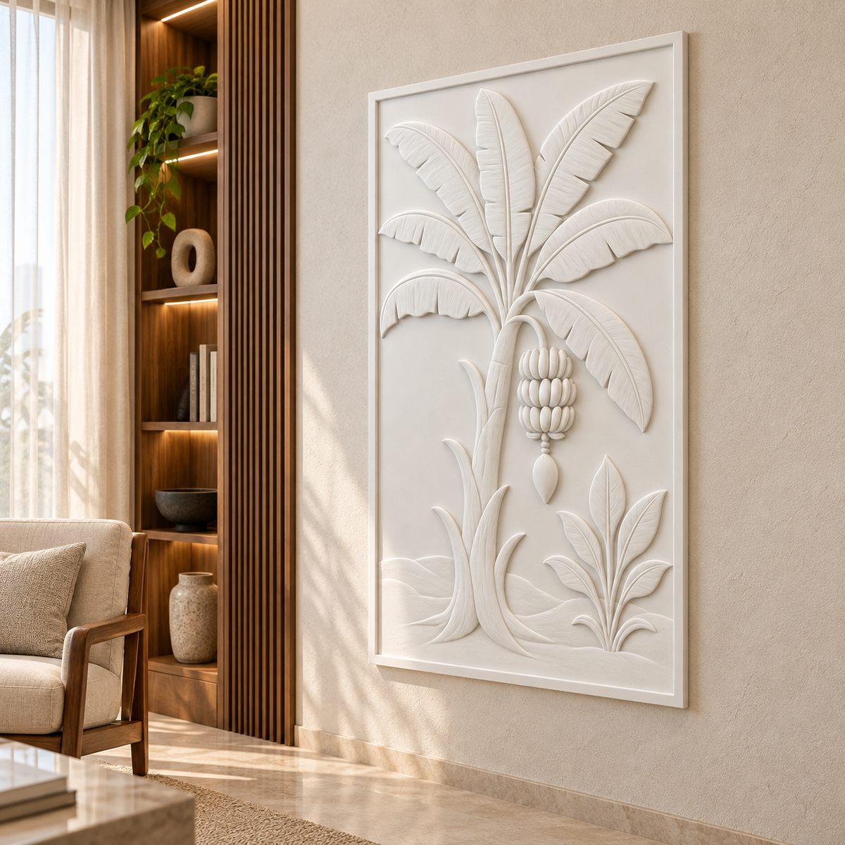 Banana Grove Bunch Corian wall panel, right view in a Mumbai living room side wall; AI-assisted concept visualisation