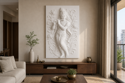 Bansuri Lotus Krishna white Corian wall panel, front view in a Mumbai home interior visualisation
