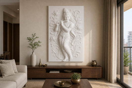 Bansuri Lotus Krishna white Corian wall panel, front view in a Mumbai home interior visualisation