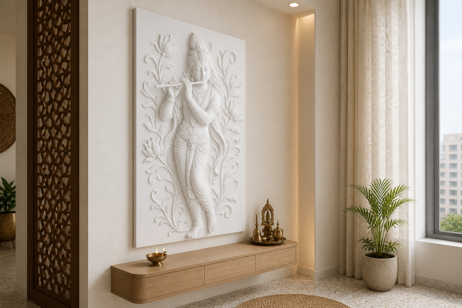 Bansuri Lotus Krishna white Corian wall panel, left angle view in a Mumbai home interior visualisation