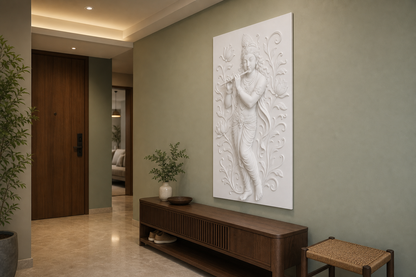 Bansuri Lotus Krishna white Corian wall panel, right angle view in a Mumbai home interior visualisation