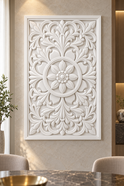 Beaded Blossom Laurel Ring Corian wall panel, front view on a dining room display wall in a Mumbai home; AI-assisted concept visualisation