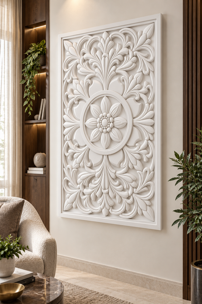 Beaded Blossom Laurel Ring Corian wall panel, right view on a living room reading alcove in a Mumbai home; AI-assisted concept visualisation