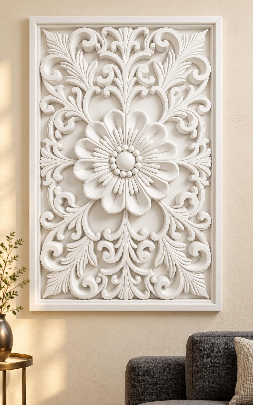 Beaded Heart Open Bloom Corian wall panel, front view on a living room sitting area wall in a Mumbai home; AI-assisted concept visualisation
