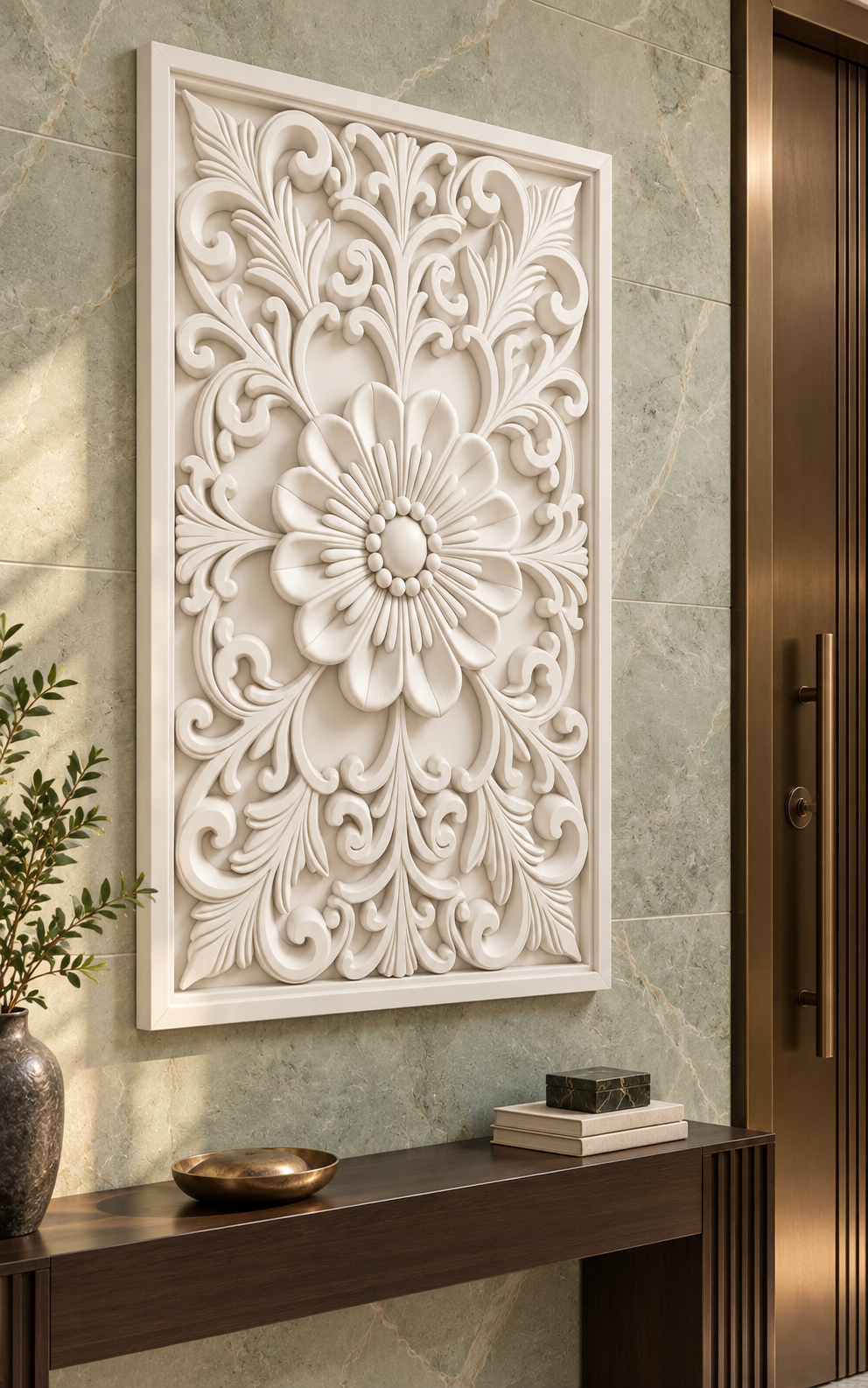 Beaded Heart Open Bloom Corian wall panel, left view on an entrance foyer wall in a Mumbai home; AI-assisted concept visualisation