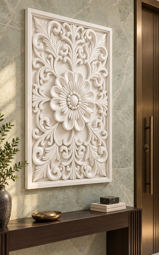 Beaded Heart Open Bloom Corian wall panel, left view on an entrance foyer wall in a Mumbai home; AI-assisted concept visualisation