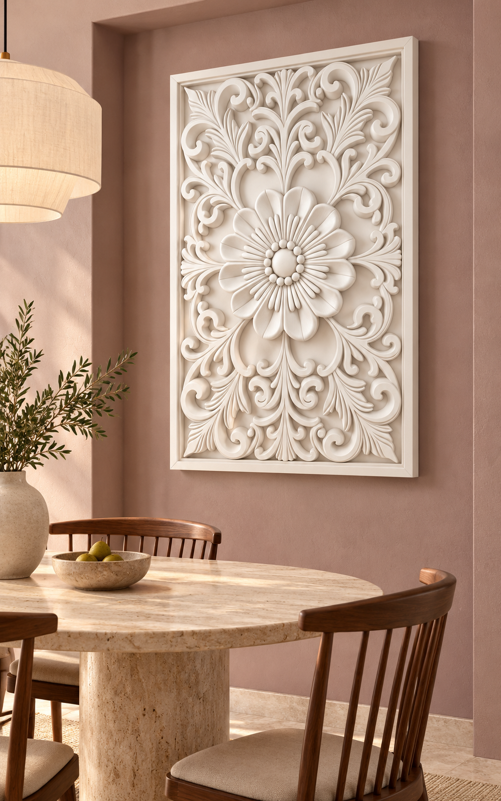 Beaded Heart Open Bloom Corian wall panel, right view on a dining room alcove in a Mumbai home; AI-assisted concept visualisation
