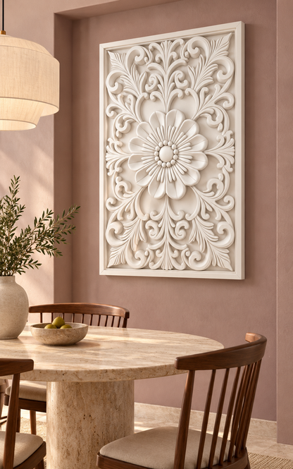 Beaded Heart Open Bloom Corian wall panel, right view on a dining room alcove in a Mumbai home; AI-assisted concept visualisation