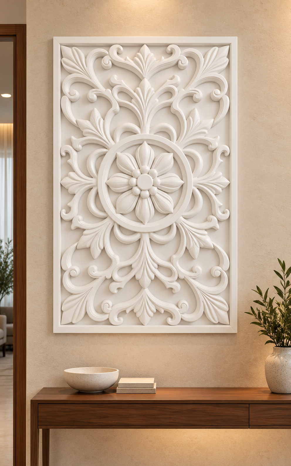 Beaded Petal Scroll Roundel Corian wall panel, front view on an entrance console wall in a Mumbai home; AI-assisted concept visualisation
