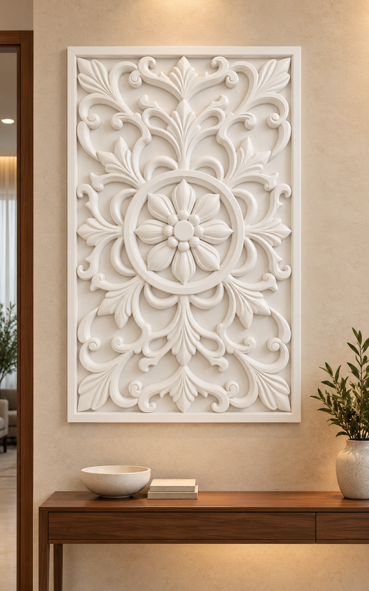 Beaded Petal Scroll Roundel Corian wall panel, front view on an entrance console wall in a Mumbai home; AI-assisted concept visualisation