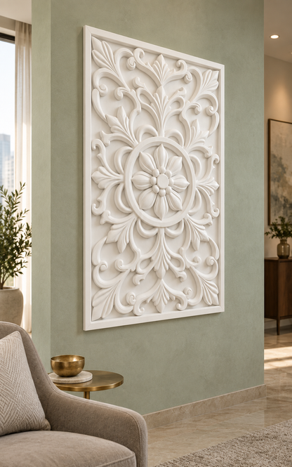 Beaded Petal Scroll Roundel Corian wall panel, left view on a classic sitting room wall in a Mumbai home; AI-assisted concept visualisation