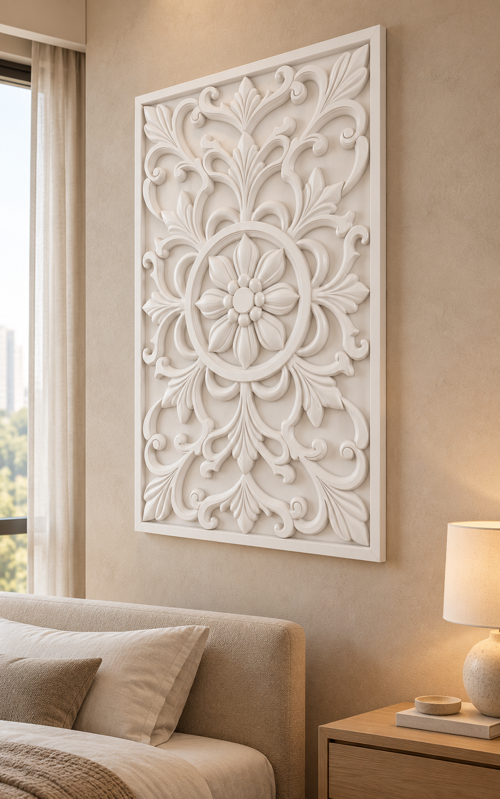 Beaded Petal Scroll Roundel Corian wall panel, right view on a bedroom accent wall in a Mumbai home; AI-assisted concept visualisation