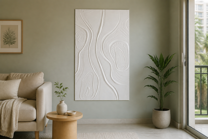 Beaded Terrain white Corian wall panel, front view in a Mumbai home interior visualisation