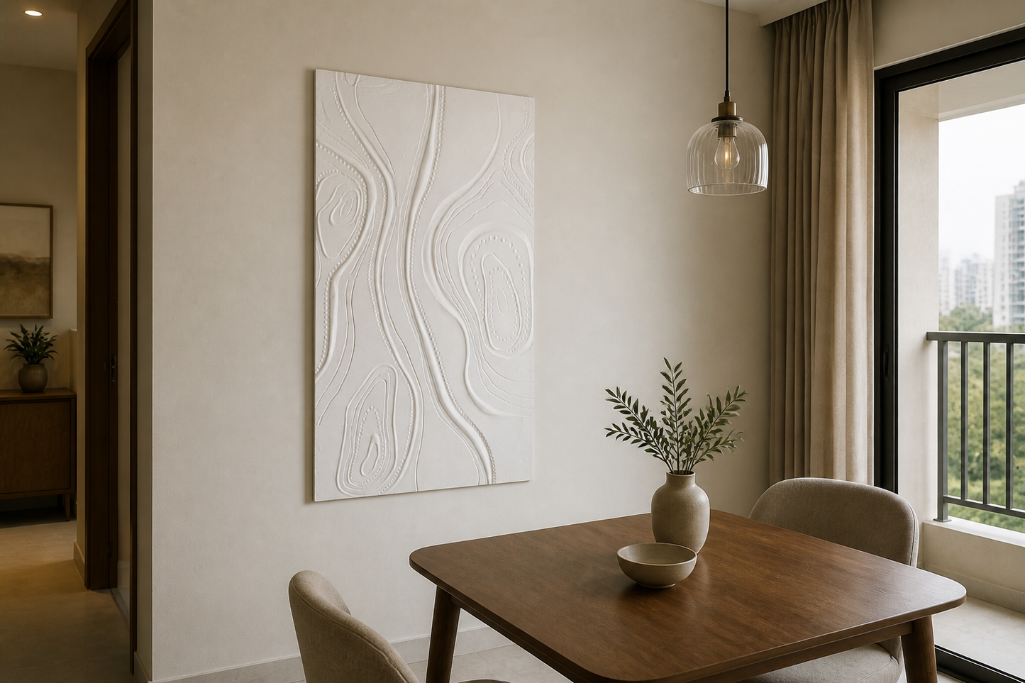 Beaded Terrain white Corian wall panel, left angle view in a Mumbai home interior visualisation