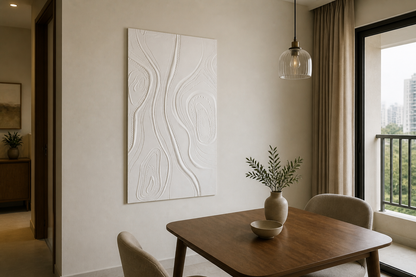 Beaded Terrain white Corian wall panel, left angle view in a Mumbai home interior visualisation