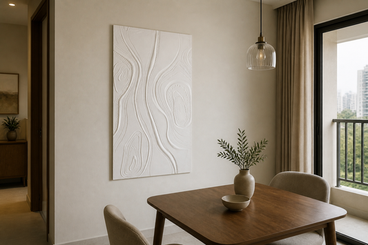Beaded Terrain white Corian wall panel, left angle view in a Mumbai home interior visualisation