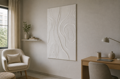 Beaded Terrain white Corian wall panel, right angle view in a Mumbai home interior visualisation