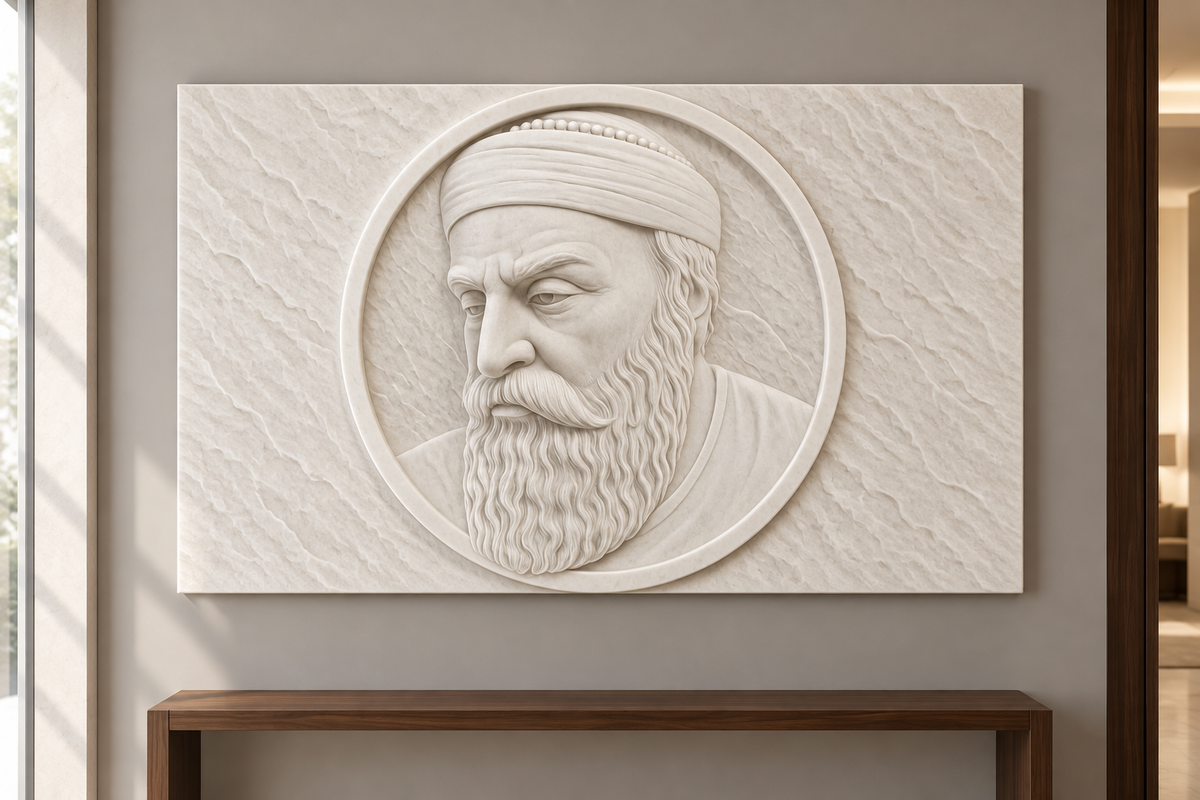 Bearded Elder Medallion Corian wall panel, 4 x 2.5 ft, front view in entrance gallery, 12-24 mm total depth