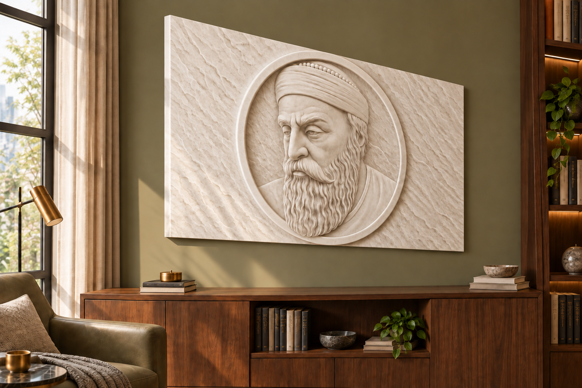 Bearded Elder Medallion Corian wall panel, 4 x 2.5 ft, left view in home library, 12-24 mm total depth