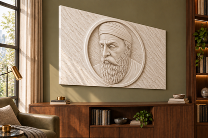 Bearded Elder Medallion Corian wall panel, 4 x 2.5 ft, left view in home library, 12-24 mm total depth