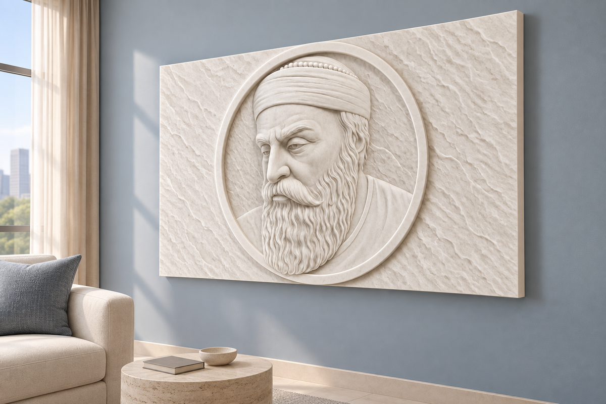Bearded Elder Medallion Corian wall panel, 4 x 2.5 ft, right view in quiet sitting room, 12-24 mm total depth