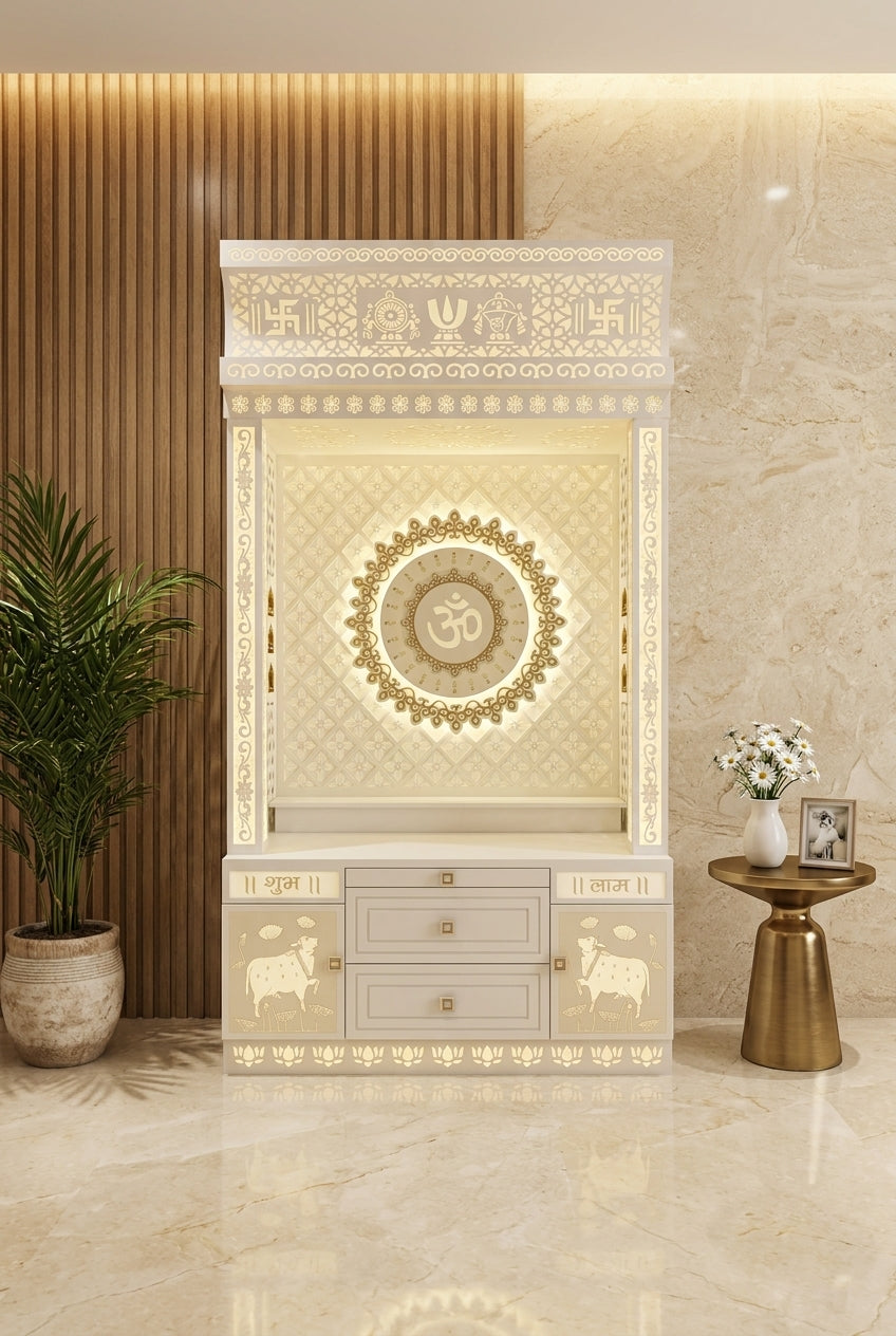 Corian Temple 2ft x 6ft — Center Om Wall Mount for Flats — Luxury Home Interior — Satguru Creations