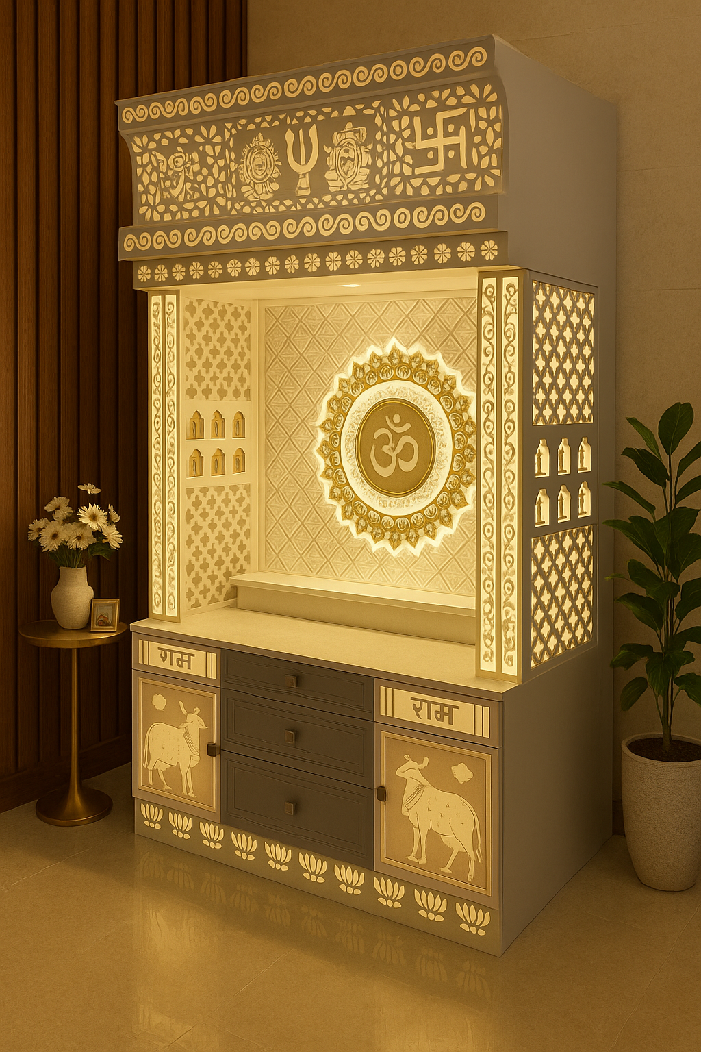 Corian Temple 2ft x 6ft — Center Om Wall Mount for Flats — Luxury Indian Home Interior — Satguru Creations