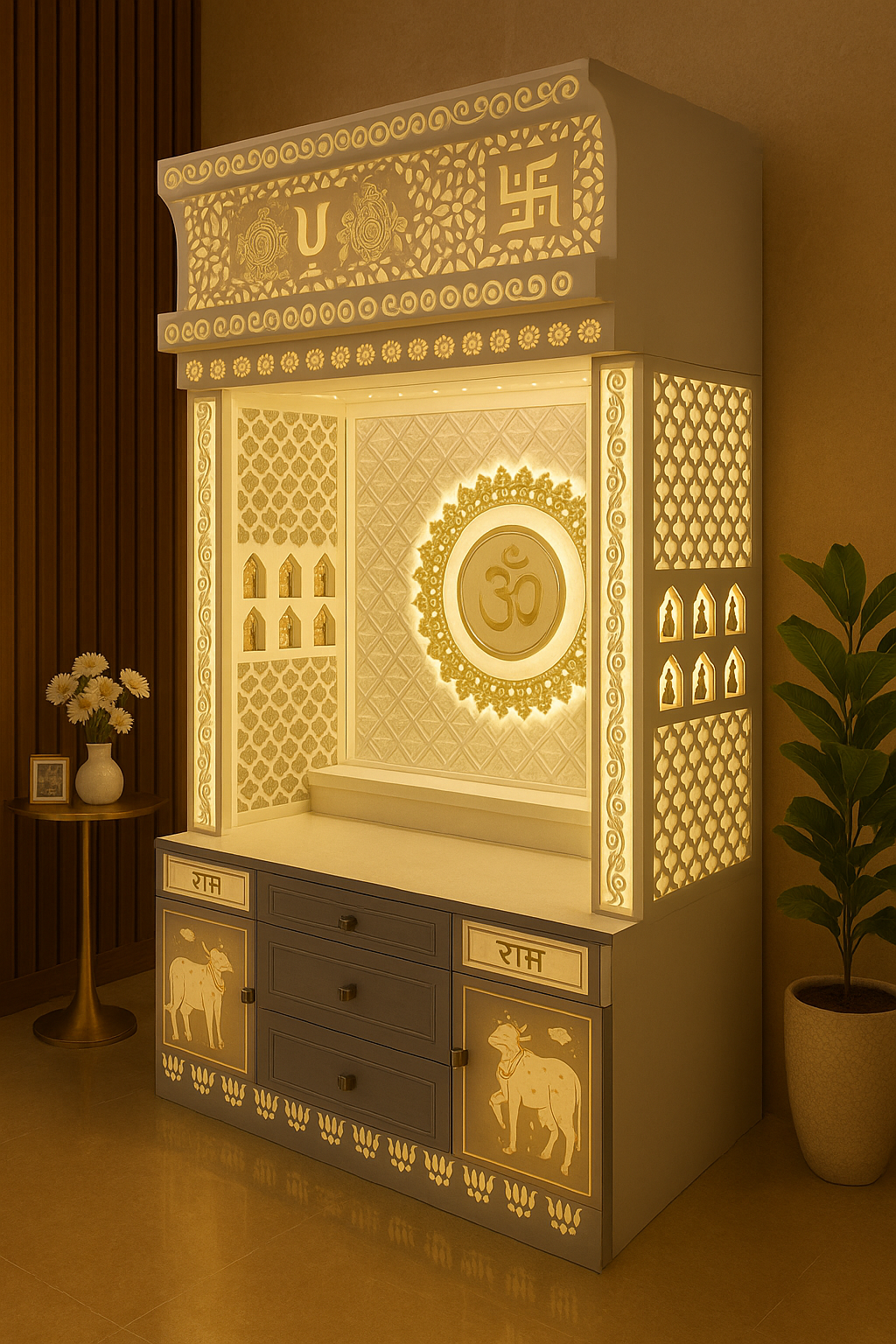 Corian Temple 2ft x 6ft — Center Om Wall Mount for Flats — Luxury Indian Home Interior — Satguru Creations
