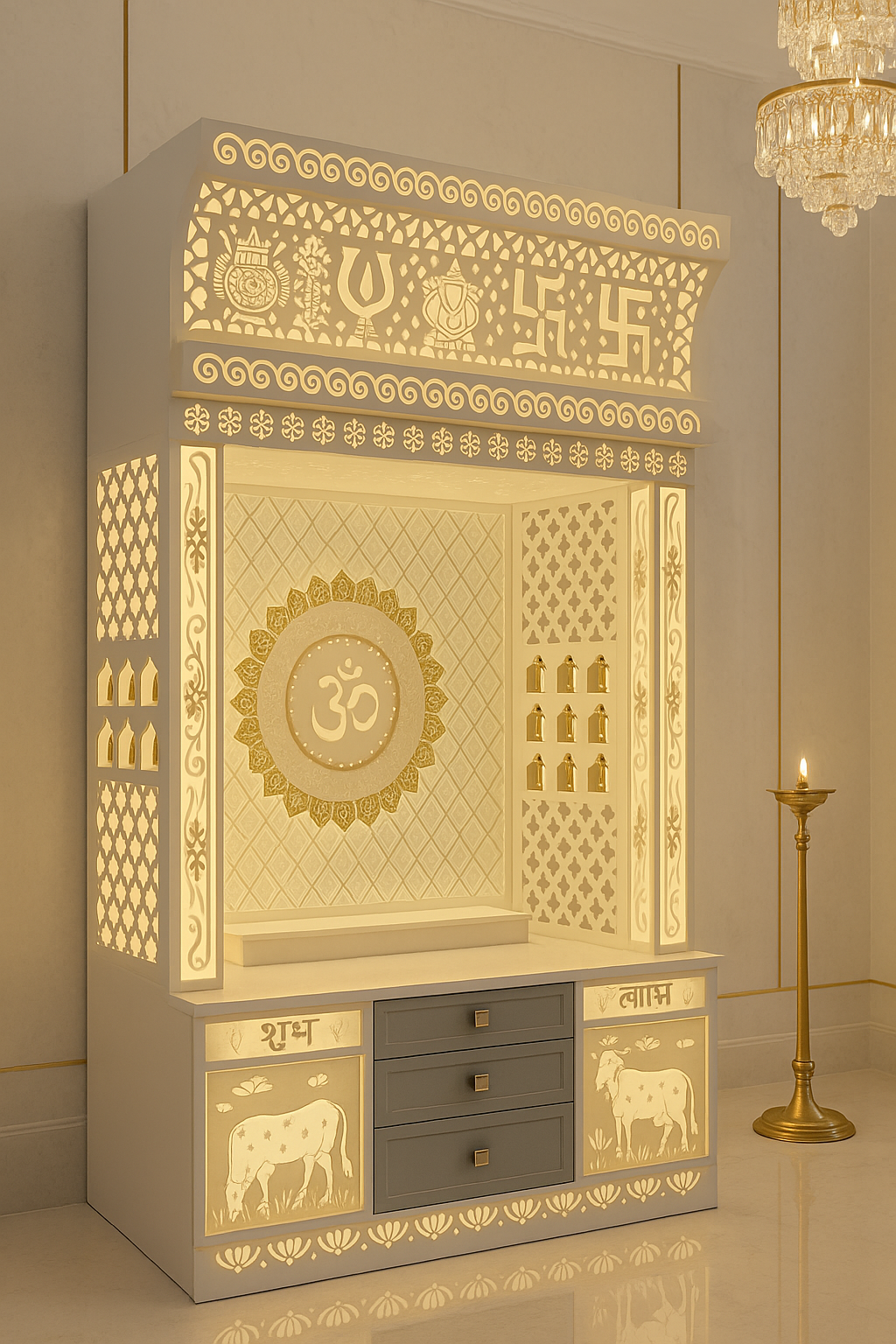 Corian Temple 2ft x 6ft — Center Om Wall Mount for Flats — Luxury Indian Home Interior — Satguru Creations