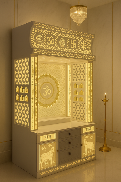 Corian Temple 2ft x 6ft — Center Om Wall Mount for Flats — Luxury Indian Home Interior — Satguru Creations