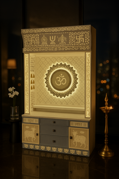 Corian Temple 2ft x 6ft — Center Om Wall Mount for Flats — Luxury Indian Home Interior — Satguru Creations