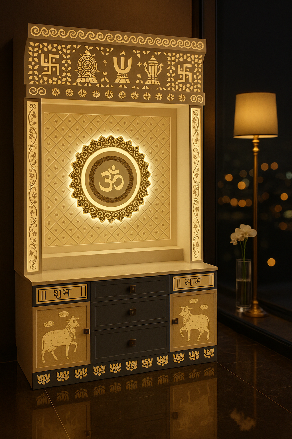 Corian Temple 2ft x 6ft — Center Om Wall Mount for Flats — Luxury Indian Home Interior — Satguru Creations