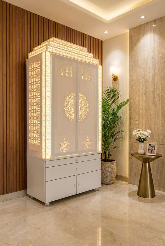 Large Corian Temple Sliding Door with Backlit Jali Pillars — Luxury Home Interior — Satguru Creations