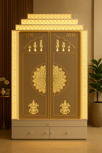 Large Corian Temple Sliding Door with Backlit Jali Pillars — Luxury Indian Home Interior — Satguru Creations