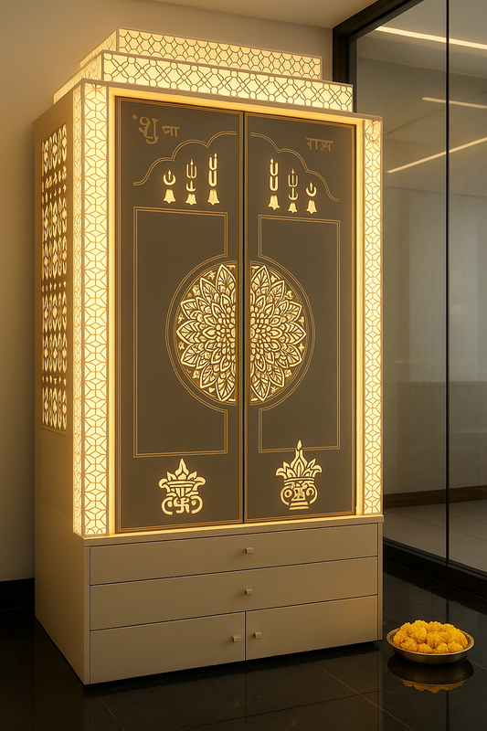 Large Corian Temple Sliding Door with Backlit Jali Pillars — Luxury Indian Home Interior — Satguru Creations