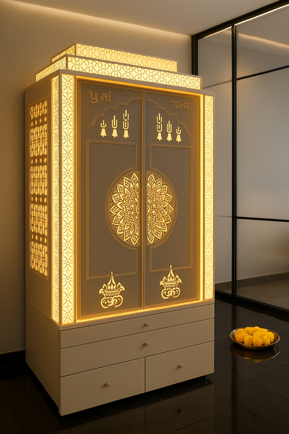Large Corian Temple Sliding Door with Backlit Jali Pillars — Luxury Indian Home Interior — Satguru Creations